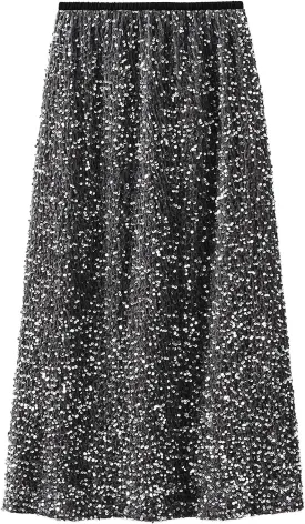 Women's Sequin Midi Skirt Elastic High Waist Slit Pencil Skirt Sexy Slim Cocktail Party Club Night Out Long Skirts