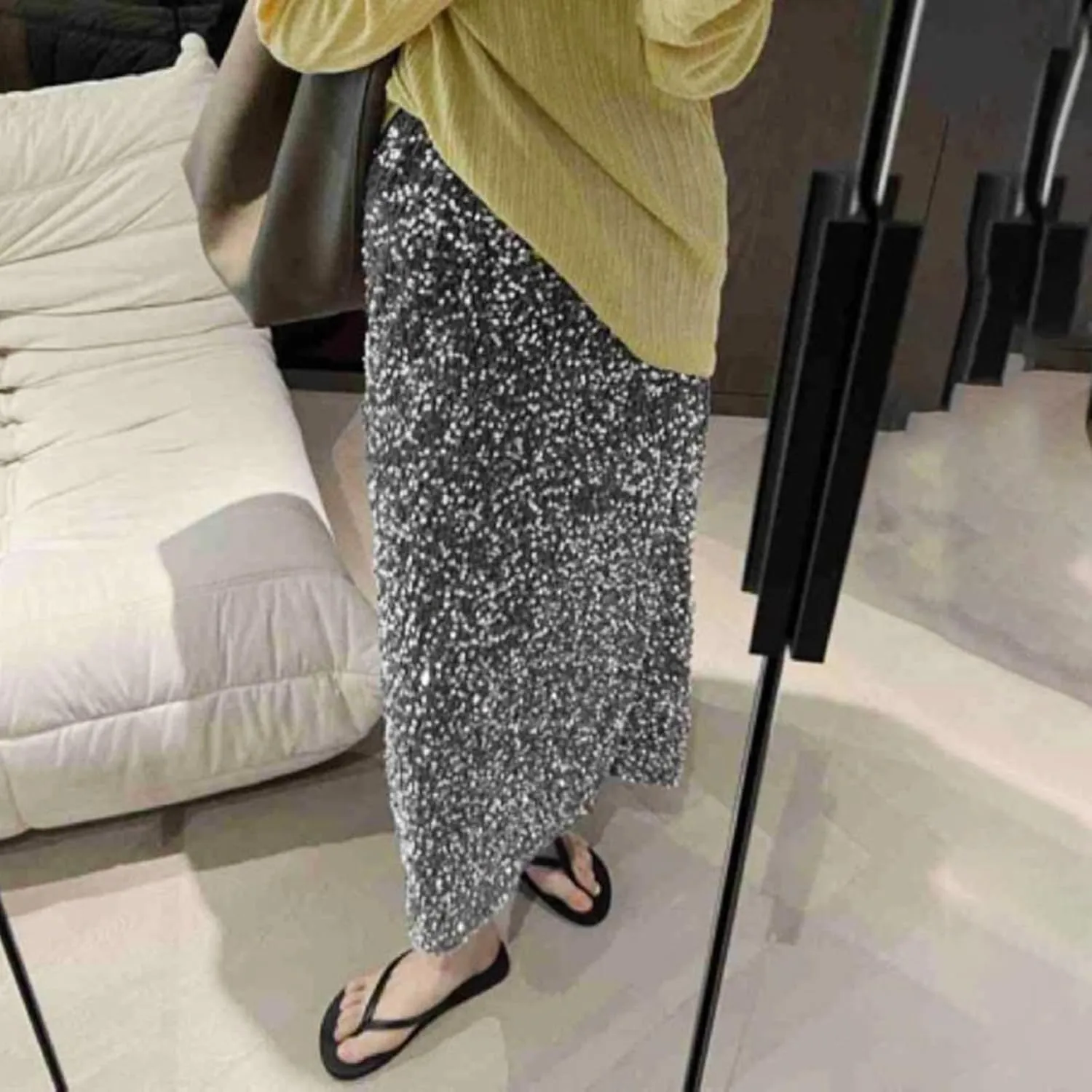 Women's Sequin Midi Skirt Elastic High Waist Slit Pencil Skirt Sexy Slim Cocktail Party Club Night Out Long Skirts