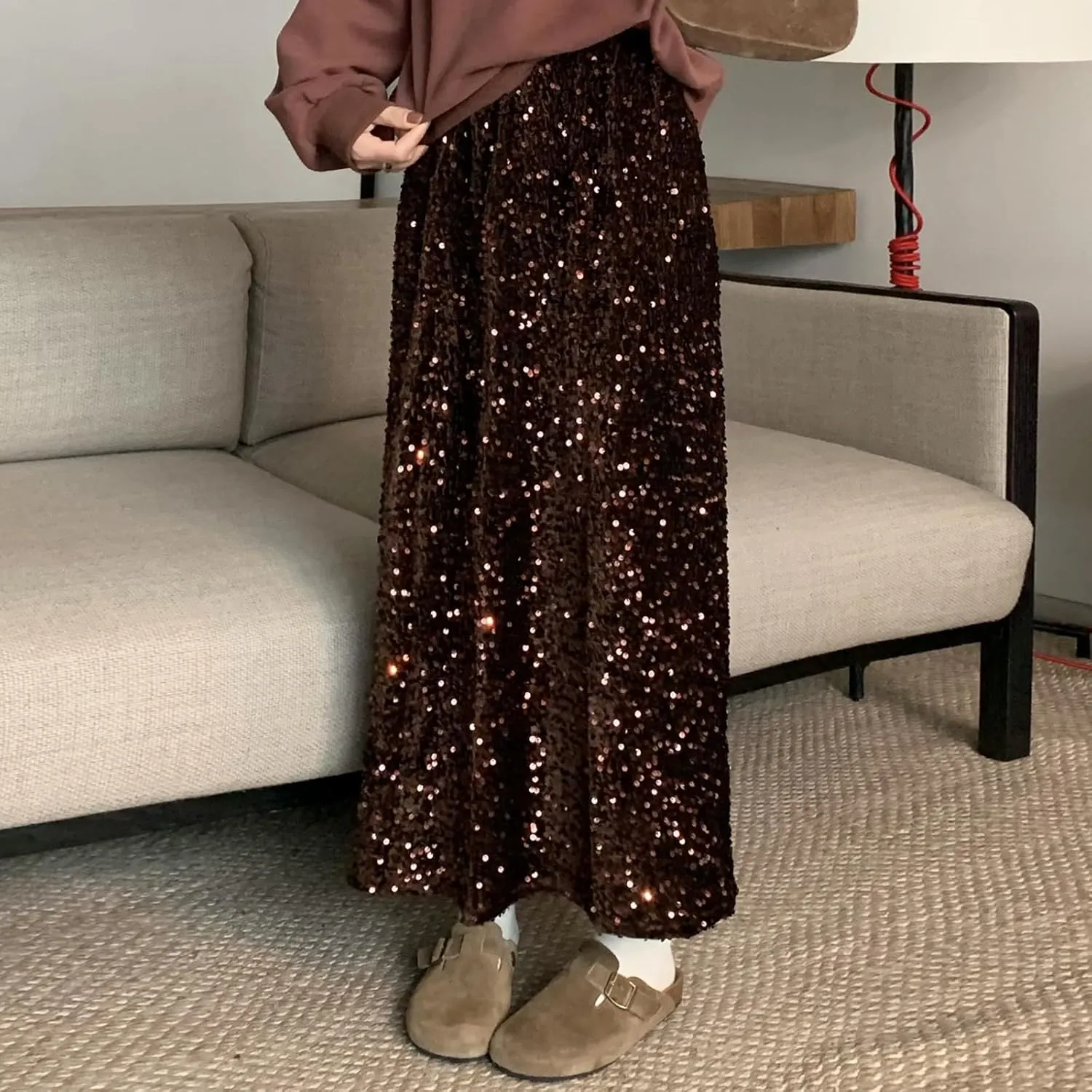 Women's Sequin Midi Skirt Elastic High Waist Slit Pencil Skirt Sexy Slim Cocktail Party Club Night Out Long Skirts