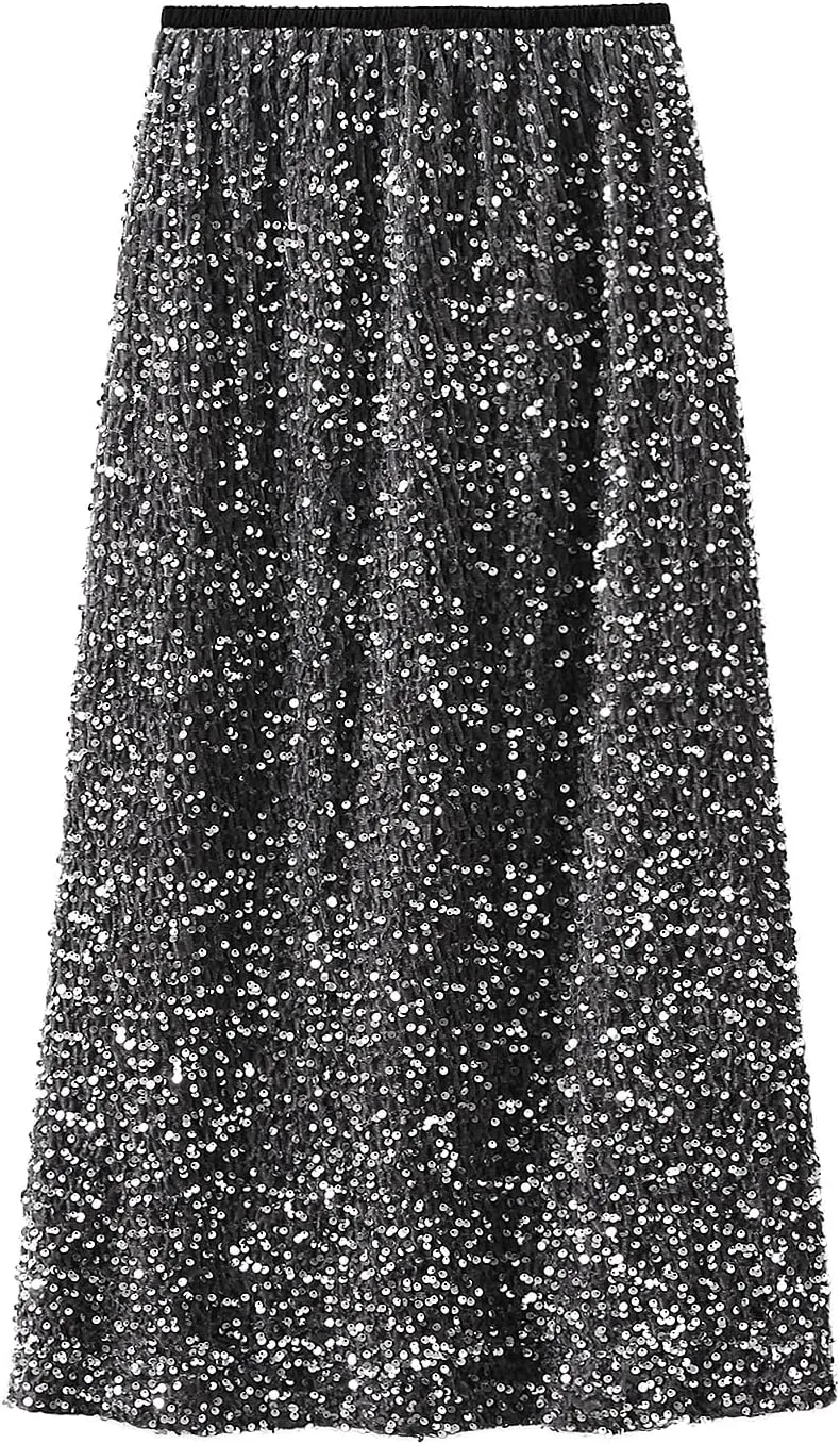 Women's Sequin Midi Skirt Elastic High Waist Slit Pencil Skirt Sexy Slim Cocktail Party Club Night Out Long Skirts