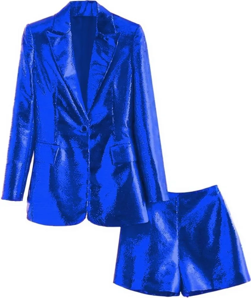 Womens Sequins Blazer Jacket Shorts Set Womens Tuxedo Suits for Women 2 Piece Sets Casual Outfits Dressy Christmas Wedding